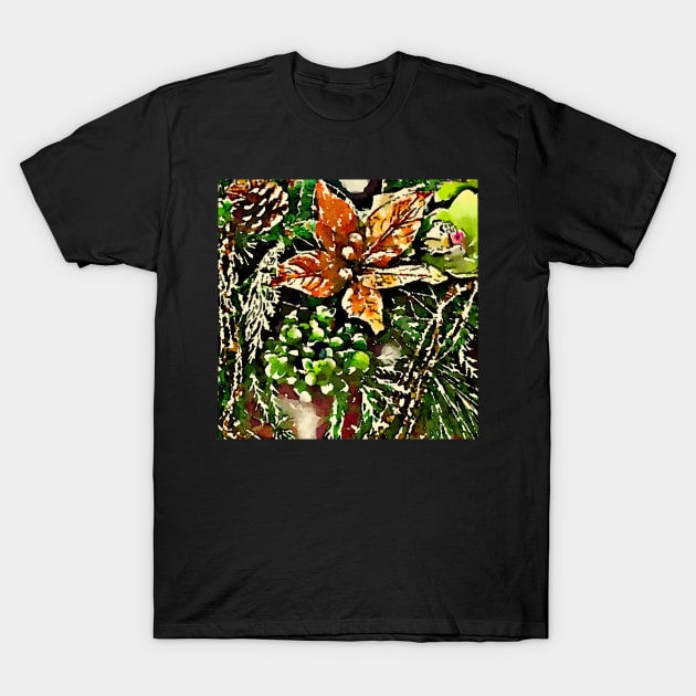 Bronze poinsettia and pine cone print T-Shirt by Dillyzip1202